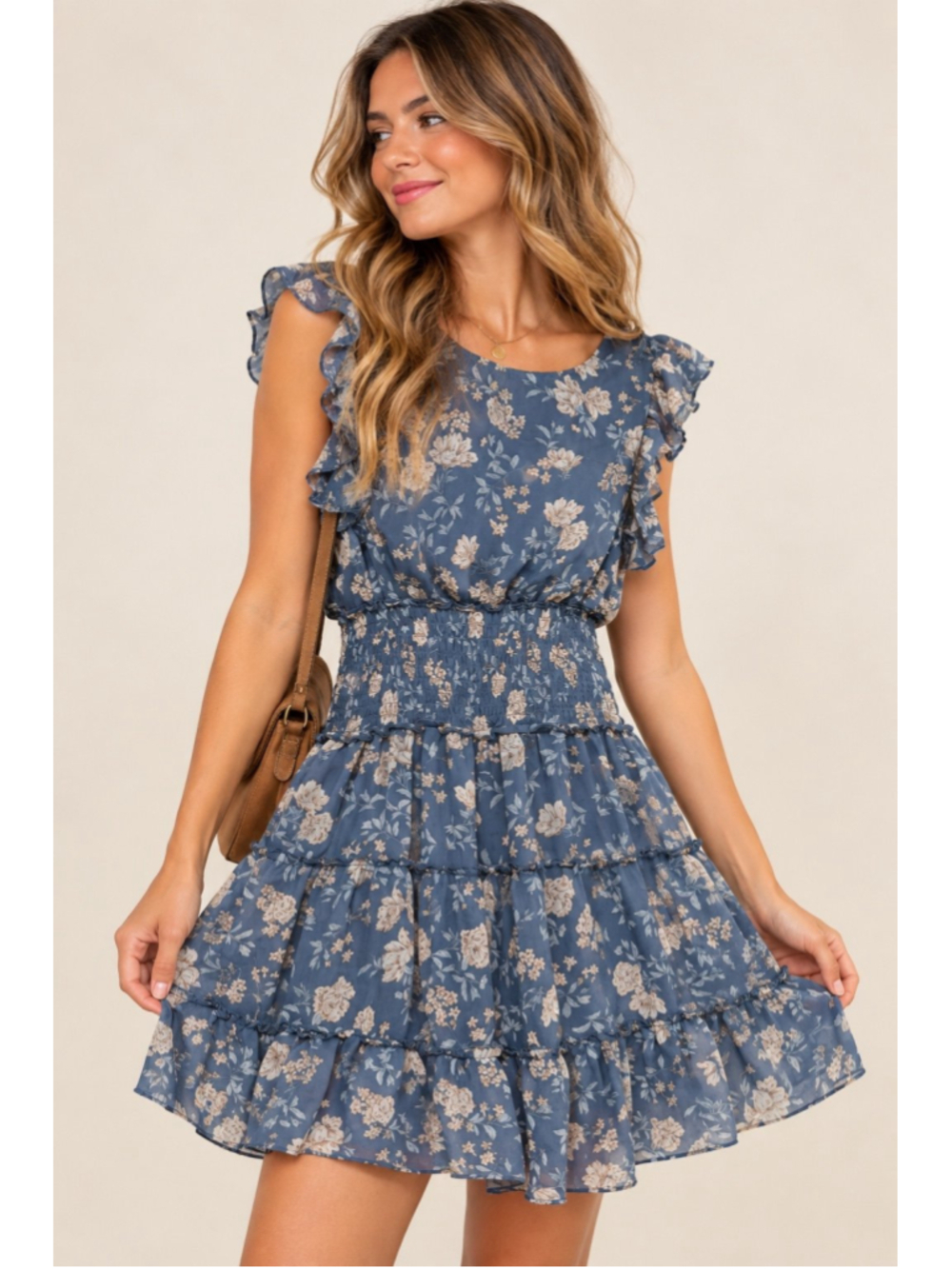 Altar'd State Blue Floral Smocked Waist Ruffle Mini Dress Boho size M